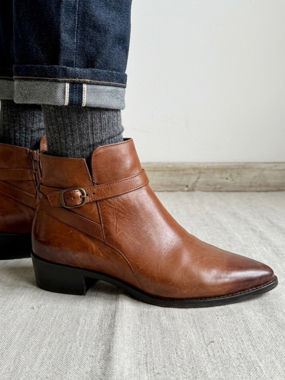 PAUL GREEN Jelinda Leather Pointed Toe Ankle Boots Cognac